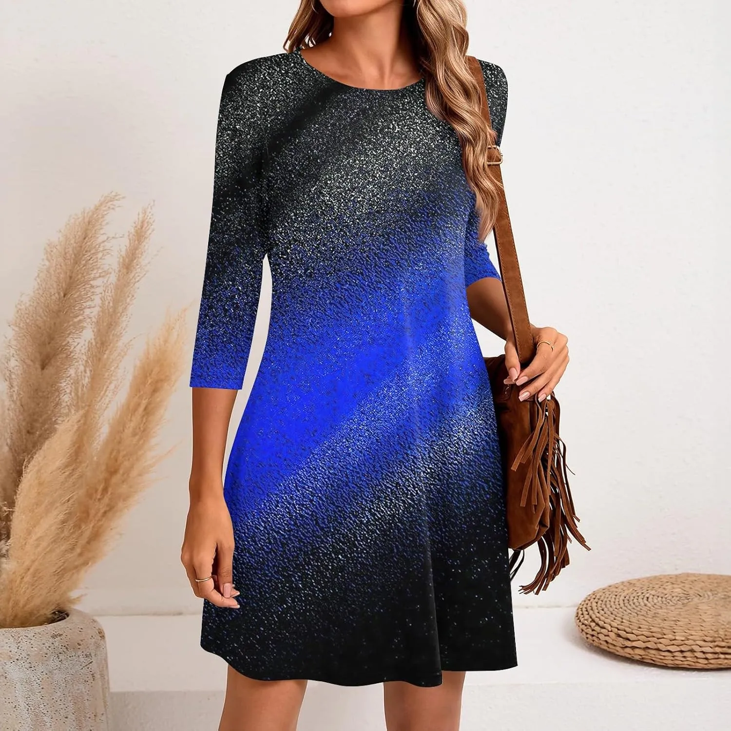 3/4 Sleeve Dress for Women T-Shirt Dresses Casual Crewneck Loose fit Swing Tunic Dresses Fall