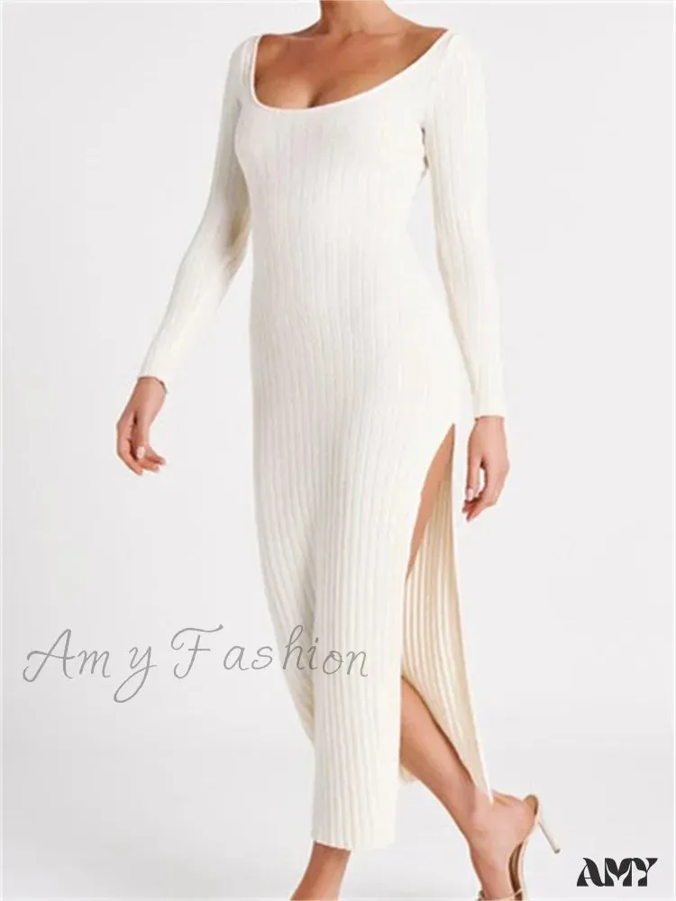 Amy Fashion - Women Knitted Bodycon  Solid Color Ribbed Round Neck  Sleeve Side Split Spring Fall Vestidos