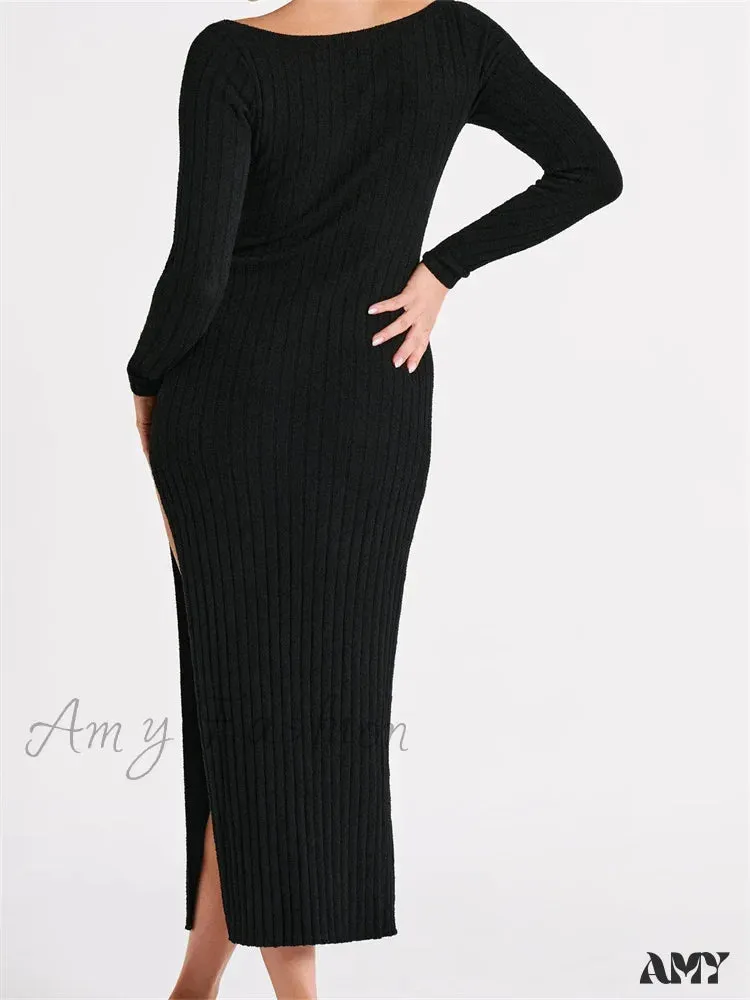 Amy Fashion - Women Knitted Bodycon  Solid Color Ribbed Round Neck  Sleeve Side Split Spring Fall Vestidos