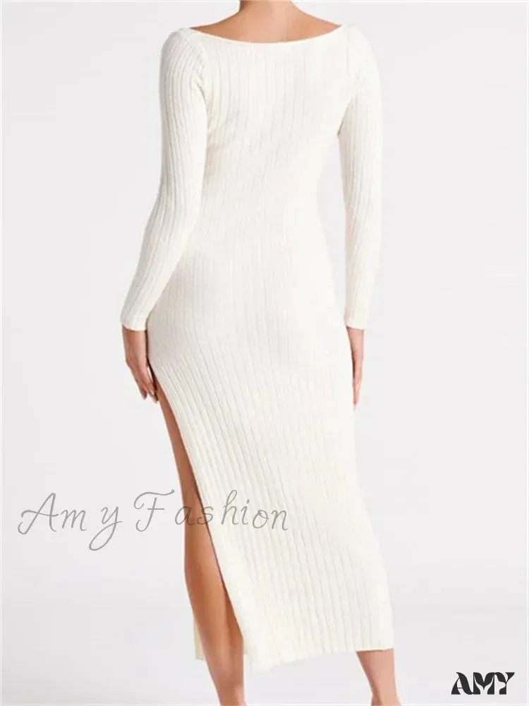 Amy Fashion - Women Knitted Bodycon  Solid Color Ribbed Round Neck  Sleeve Side Split Spring Fall Vestidos