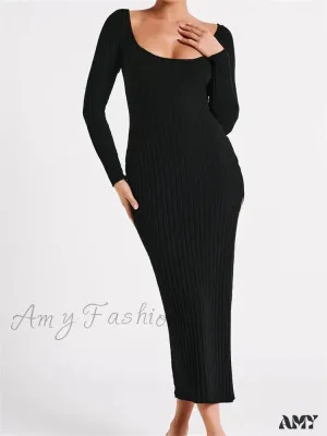 Amy Fashion - Women Knitted Bodycon  Solid Color Ribbed Round Neck  Sleeve Side Split Spring Fall Vestidos