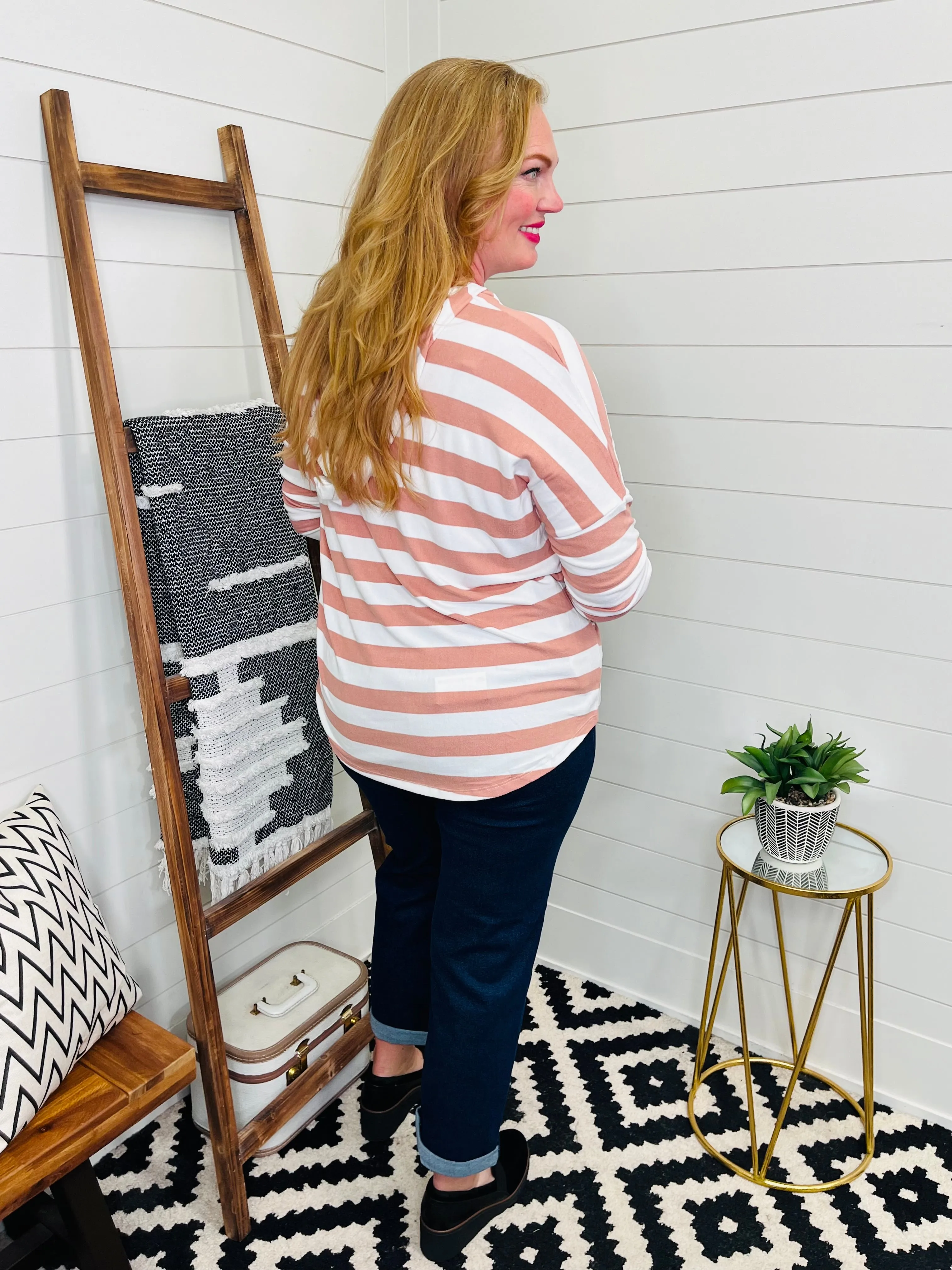 Blush Stripe Sweater Knit Hoodie with Pockets