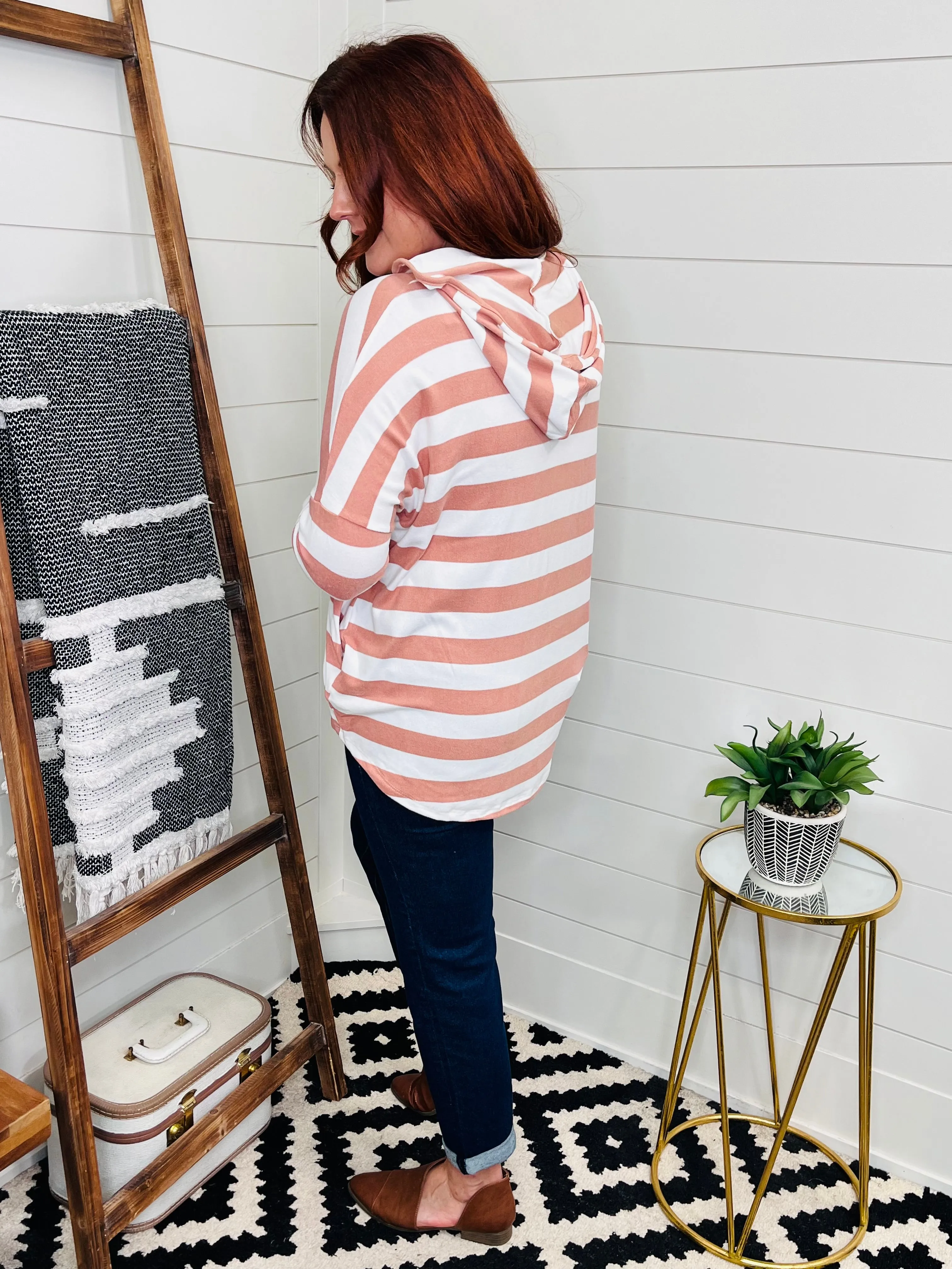 Blush Stripe Sweater Knit Hoodie with Pockets
