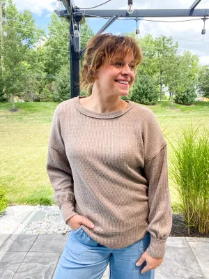 Camden Drop Shoulder Long Sleeve Sweater Knit Top in Mocha