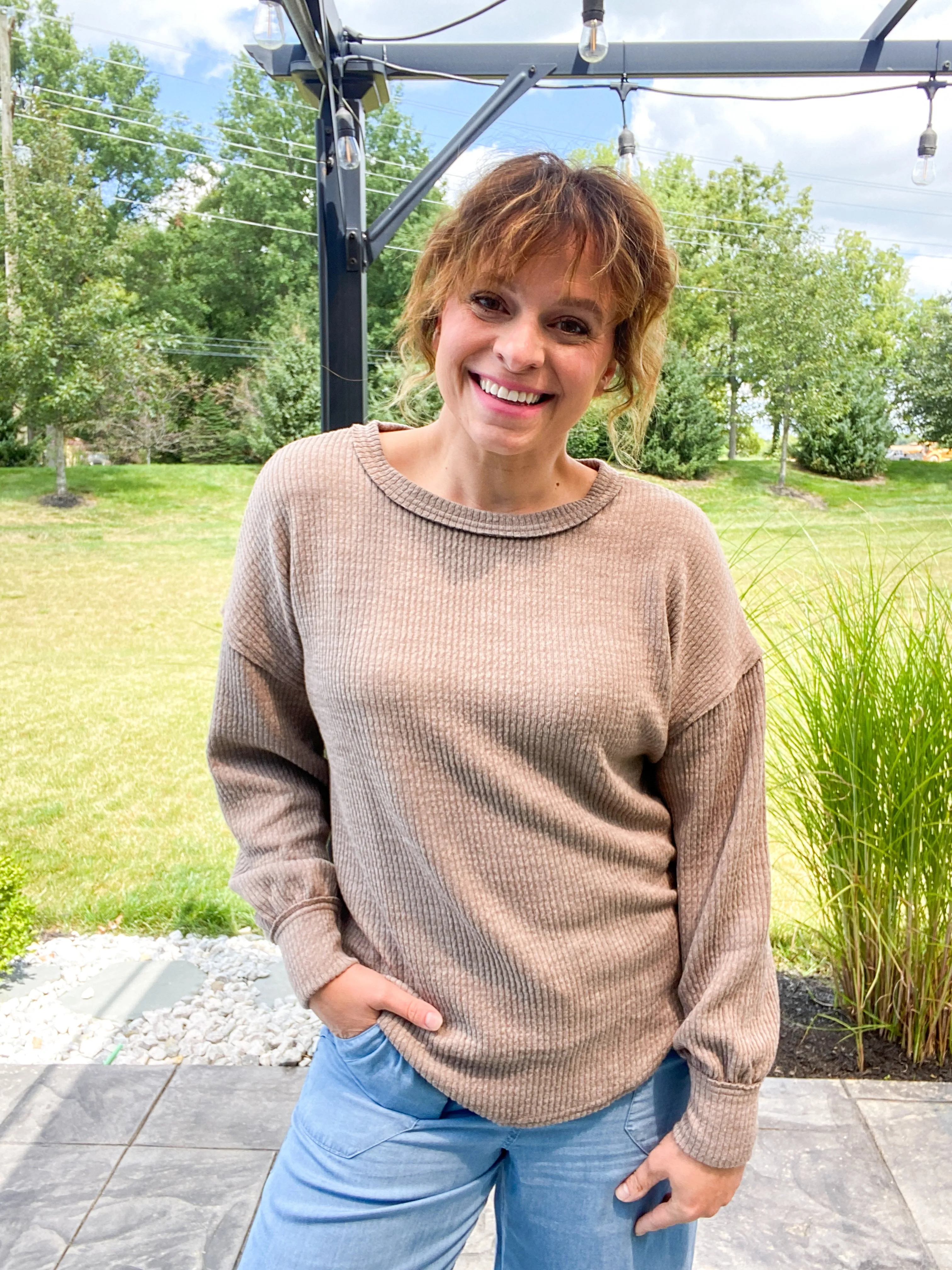 Camden Drop Shoulder Long Sleeve Sweater Knit Top in Mocha