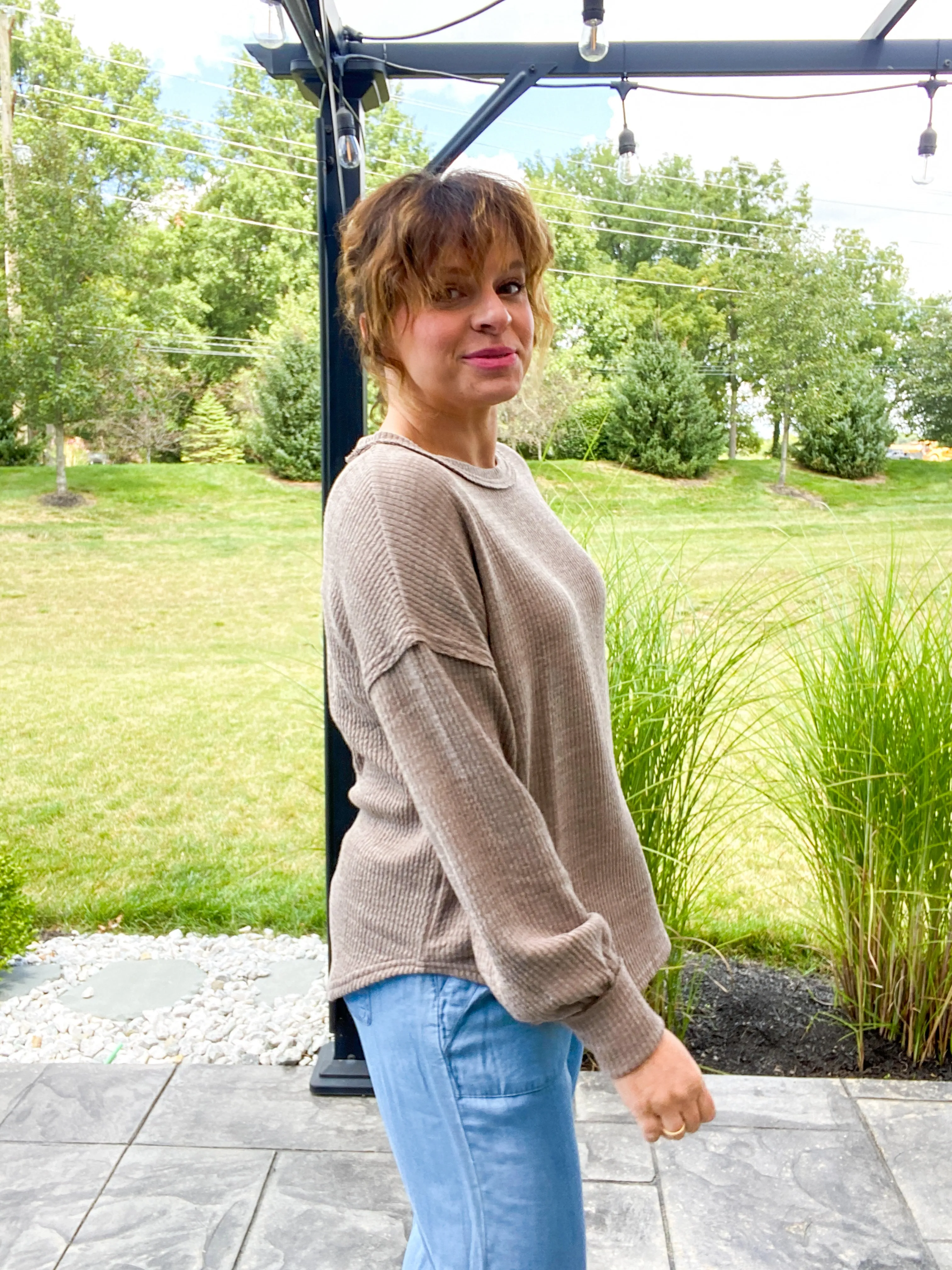 Camden Drop Shoulder Long Sleeve Sweater Knit Top in Mocha