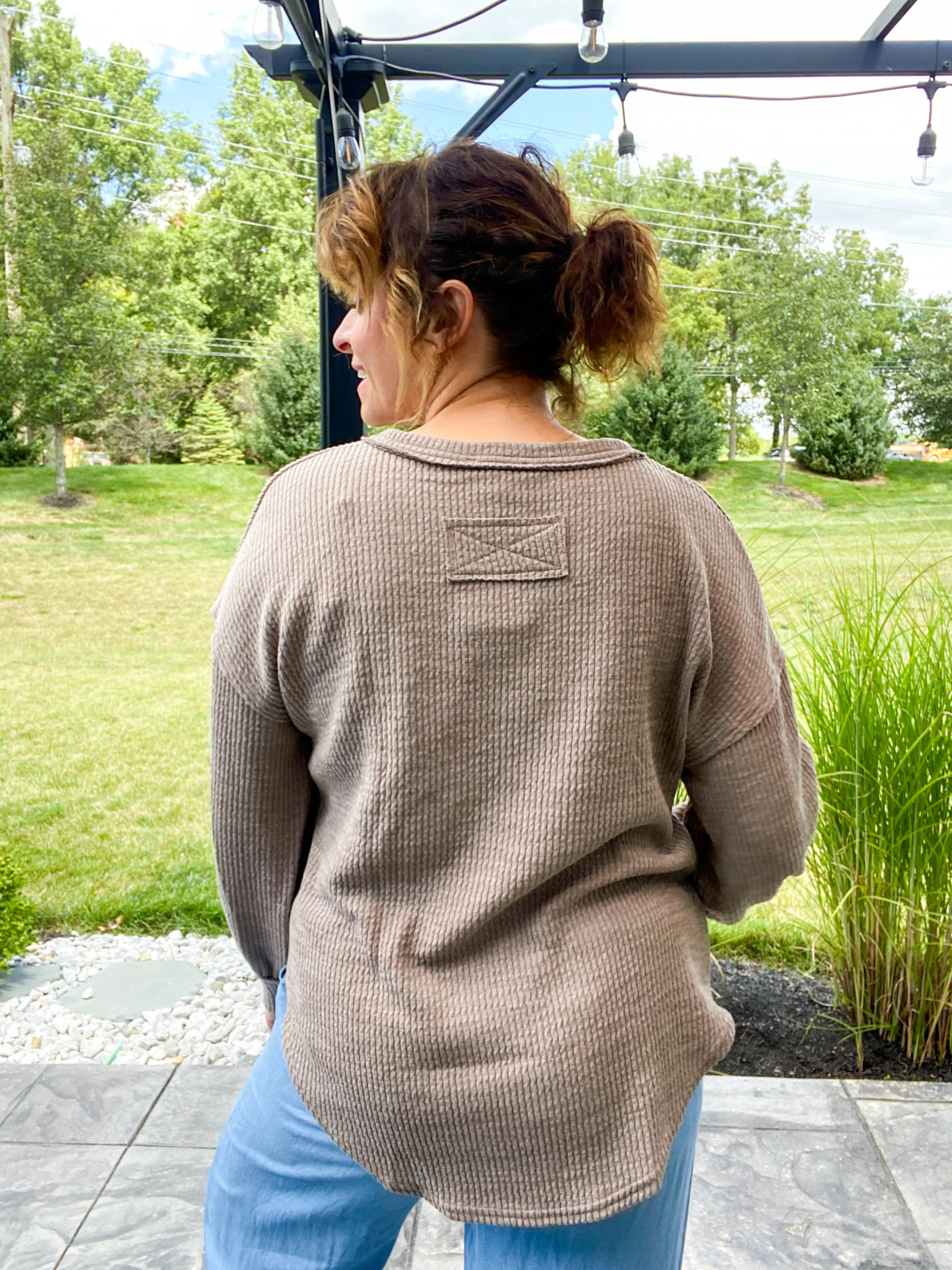 Camden Drop Shoulder Long Sleeve Sweater Knit Top in Mocha