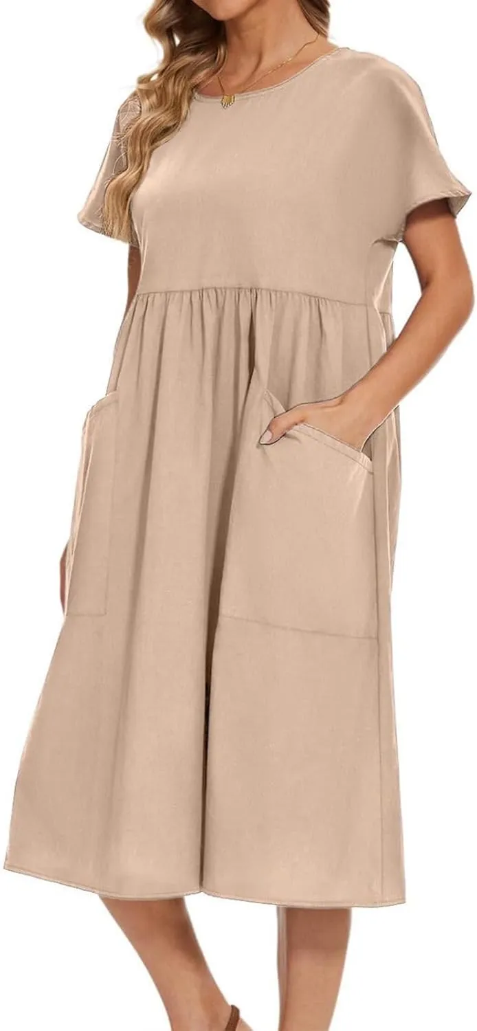 Casual Summer Dresses for Women Cotton Linen T Shirt Dress Short Sleeve Midi Beach Sundress Loose Comfy with Pockets