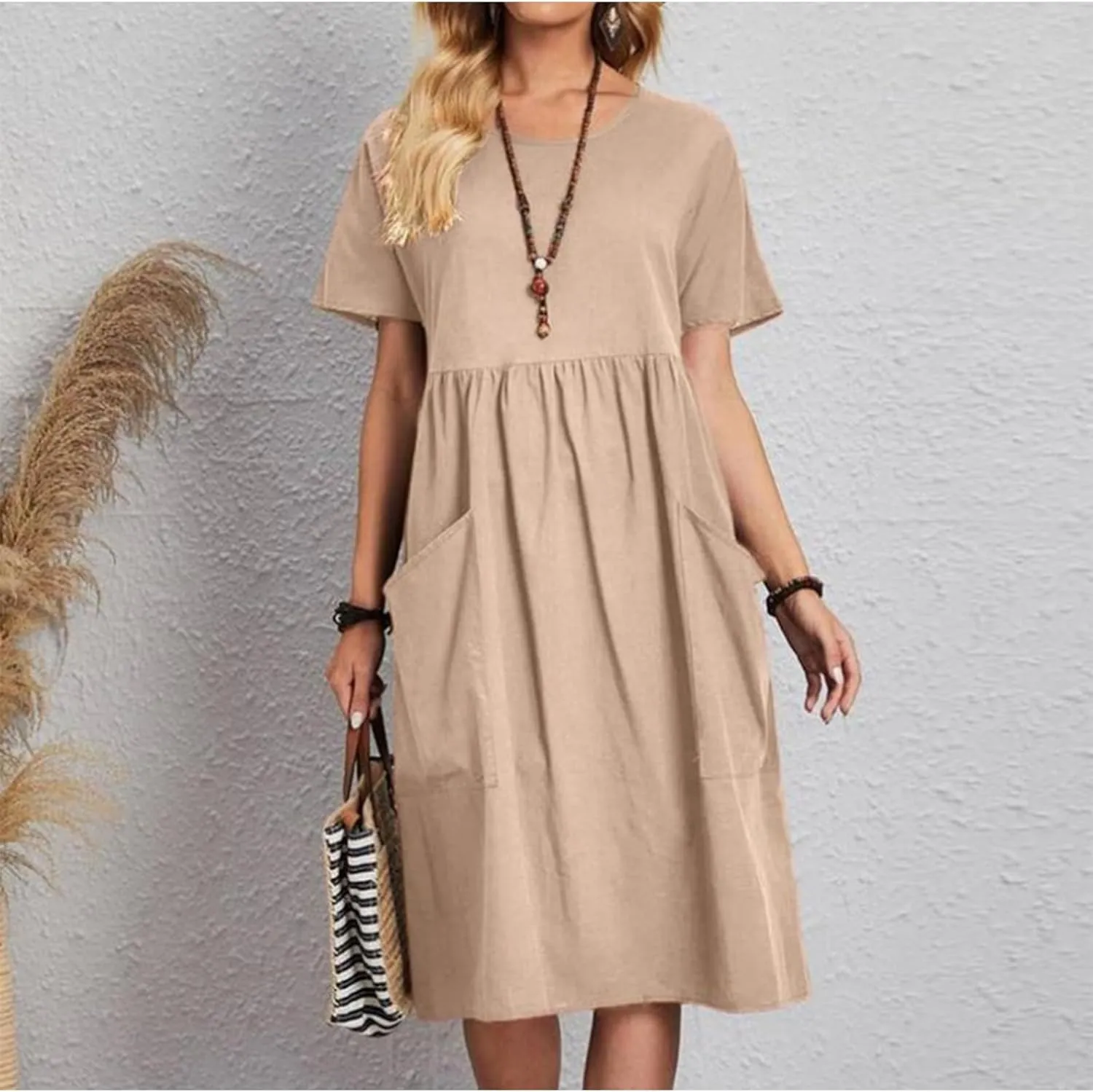 Casual Summer Dresses for Women Cotton Linen T Shirt Dress Short Sleeve Midi Beach Sundress Loose Comfy with Pockets