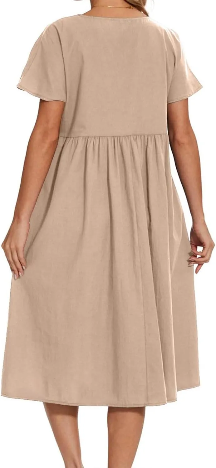 Casual Summer Dresses for Women Cotton Linen T Shirt Dress Short Sleeve Midi Beach Sundress Loose Comfy with Pockets