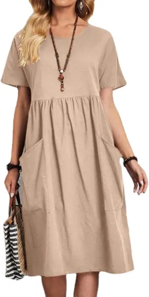 Casual Summer Dresses for Women Cotton Linen T Shirt Dress Short Sleeve Midi Beach Sundress Loose Comfy with Pockets