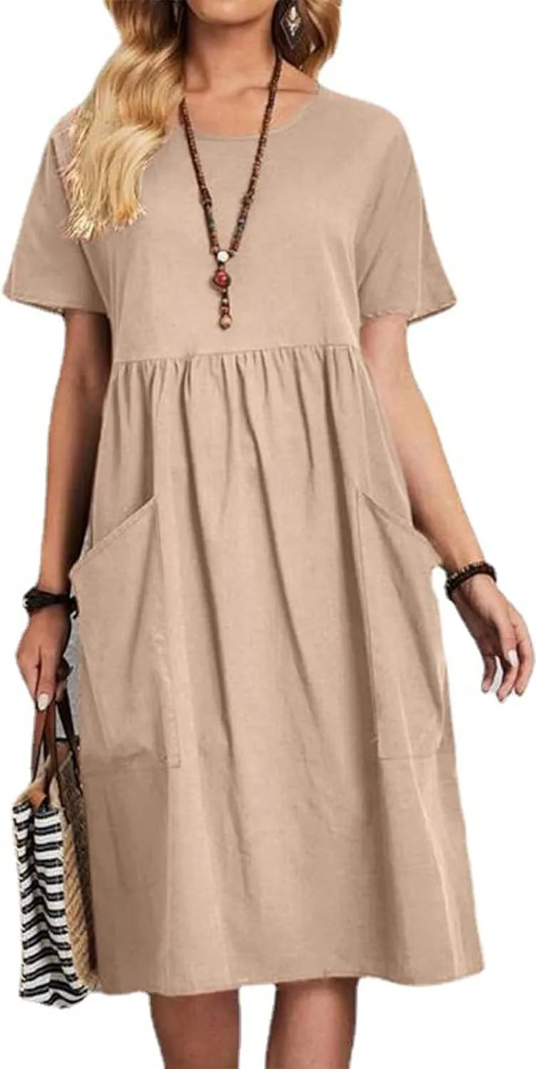 Casual Summer Dresses for Women Cotton Linen T Shirt Dress Short Sleeve Midi Beach Sundress Loose Comfy with Pockets
