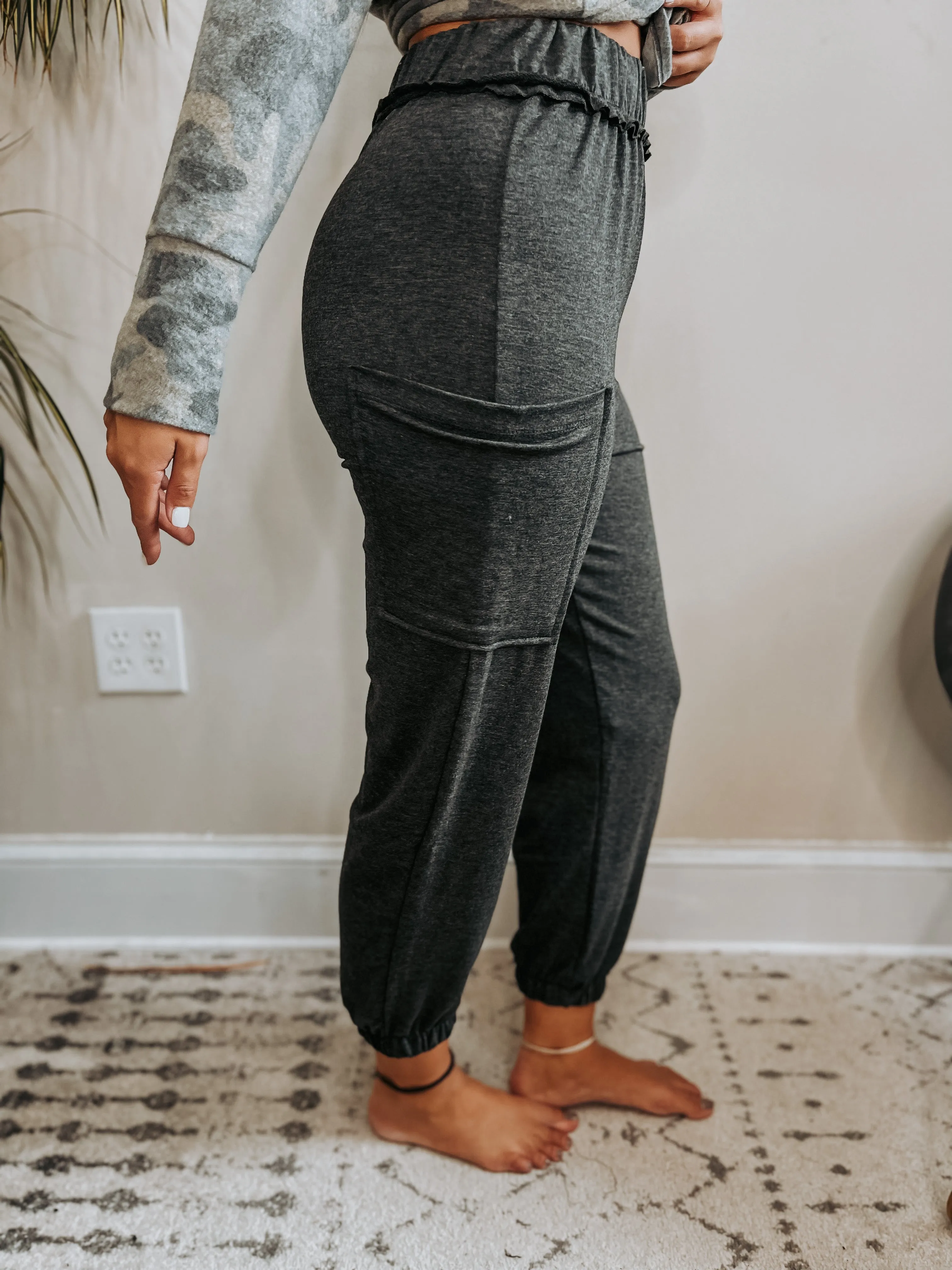 Charcoal Frill Waist Side Pocket Joggers
