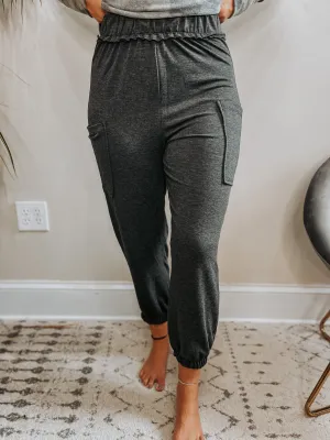 Charcoal Frill Waist Side Pocket Joggers