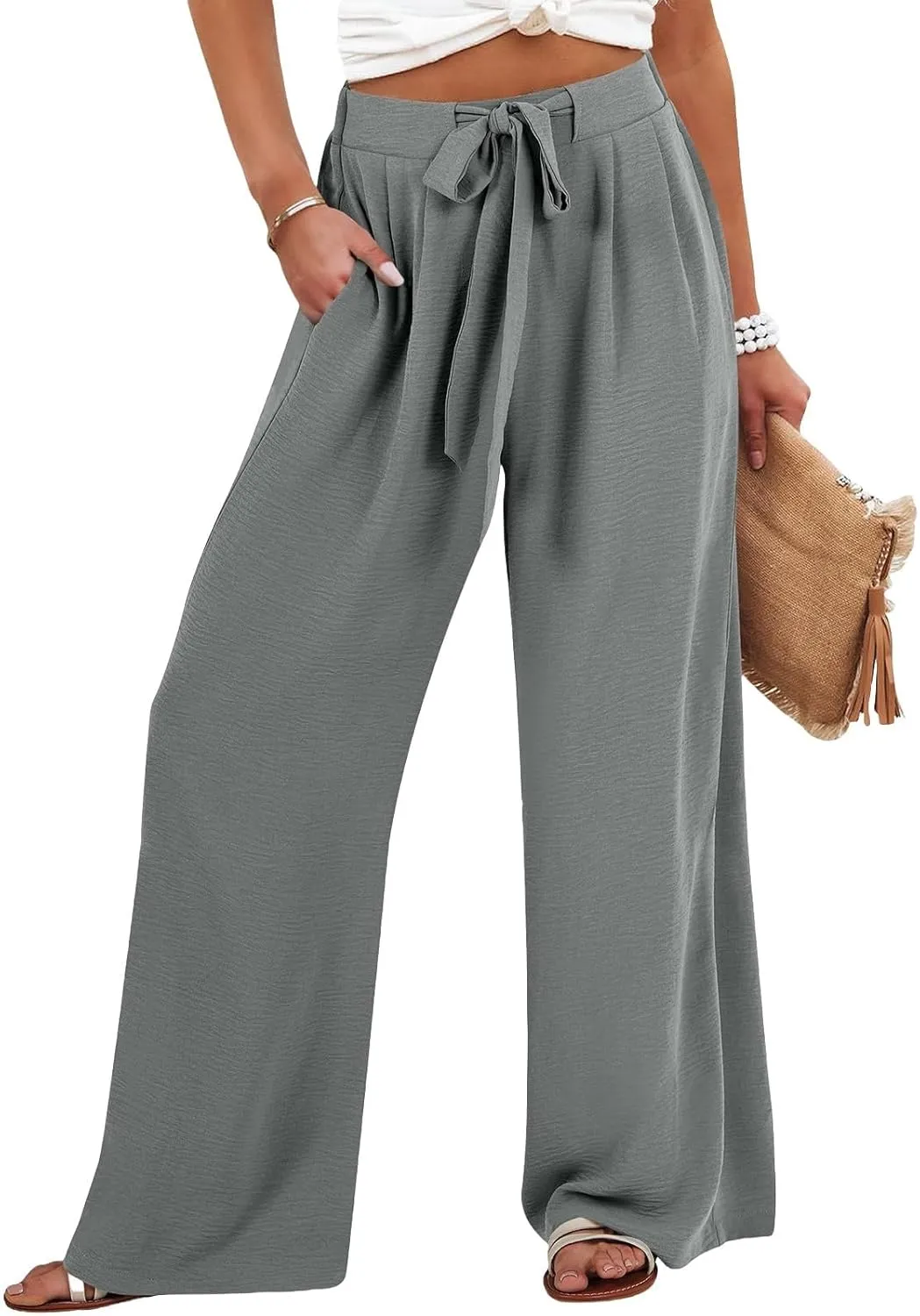 fanmpghleoo Wide Leg Linen Pants for Women Drawstring High Waisted Linen Pants Women Summer Casual Dressy Linen Palazzo Pants