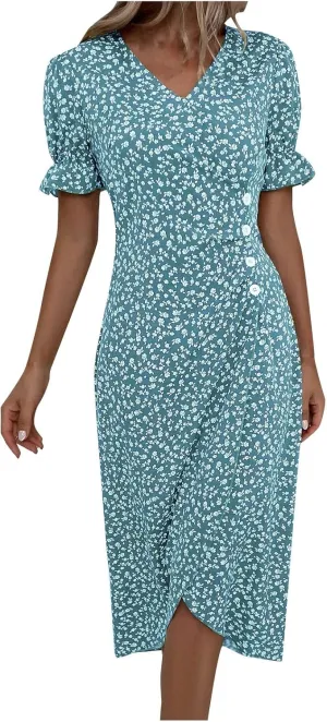 Formal Dresses for Women Curvy Summer Wrap Boho Maxi Dress V Neck Short Sleeve Hem Split Beach Prom Dresses 2025