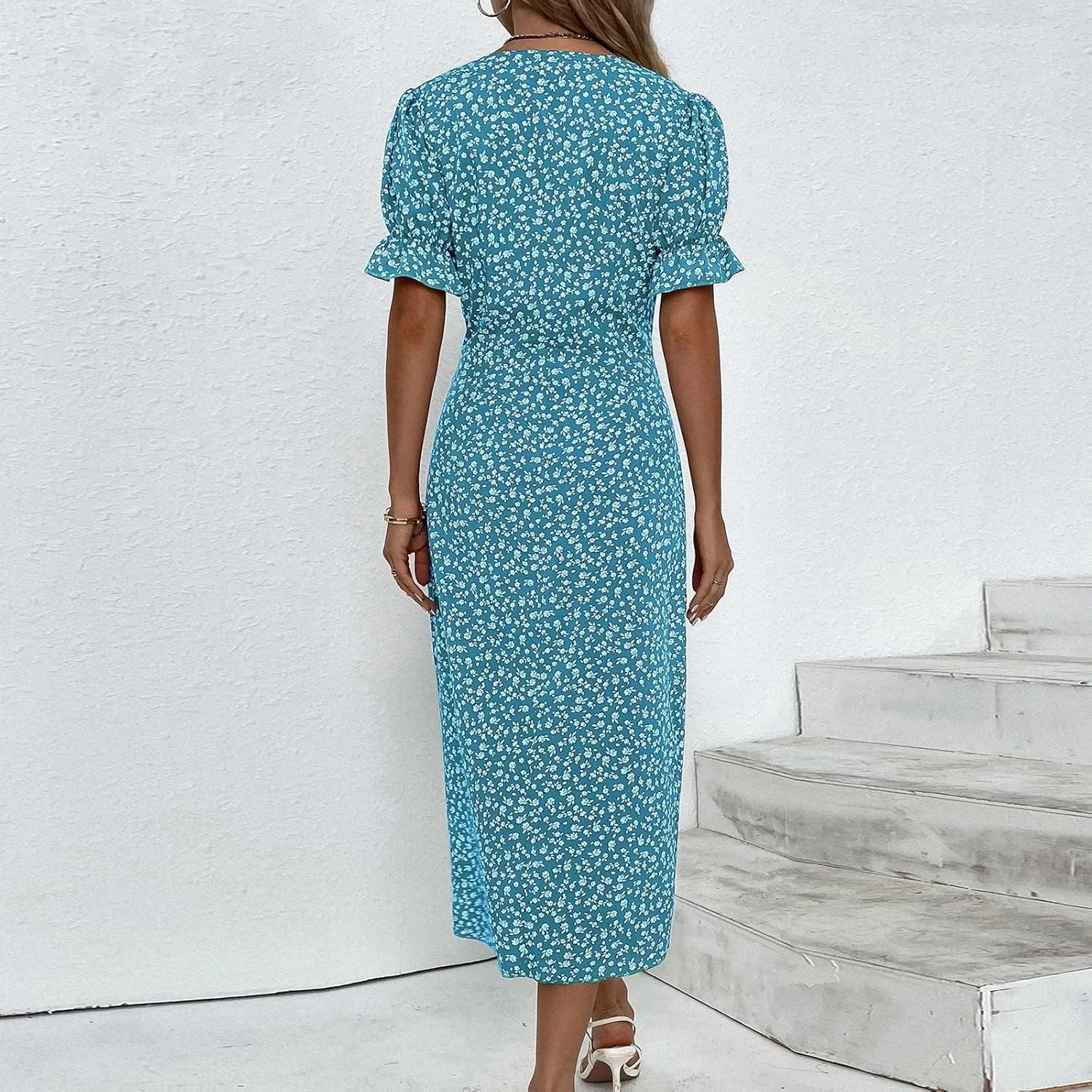 Formal Dresses for Women Curvy Summer Wrap Boho Maxi Dress V Neck Short Sleeve Hem Split Beach Prom Dresses 2025