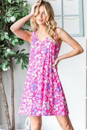 Fuchsia Floral V-Neck Tank Dress with Pockets