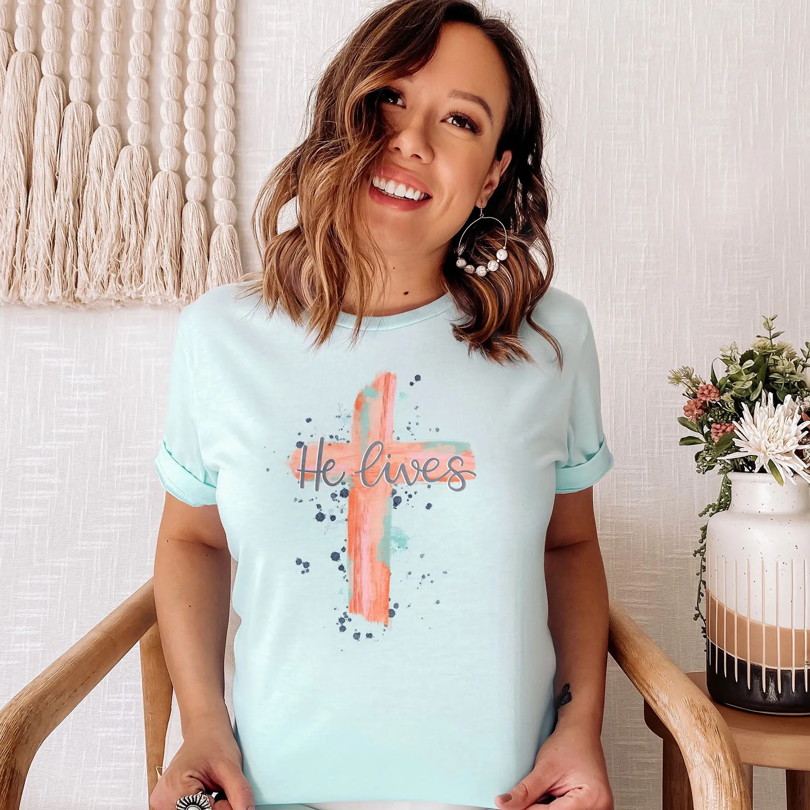 He lives Watercolor Cross Tee