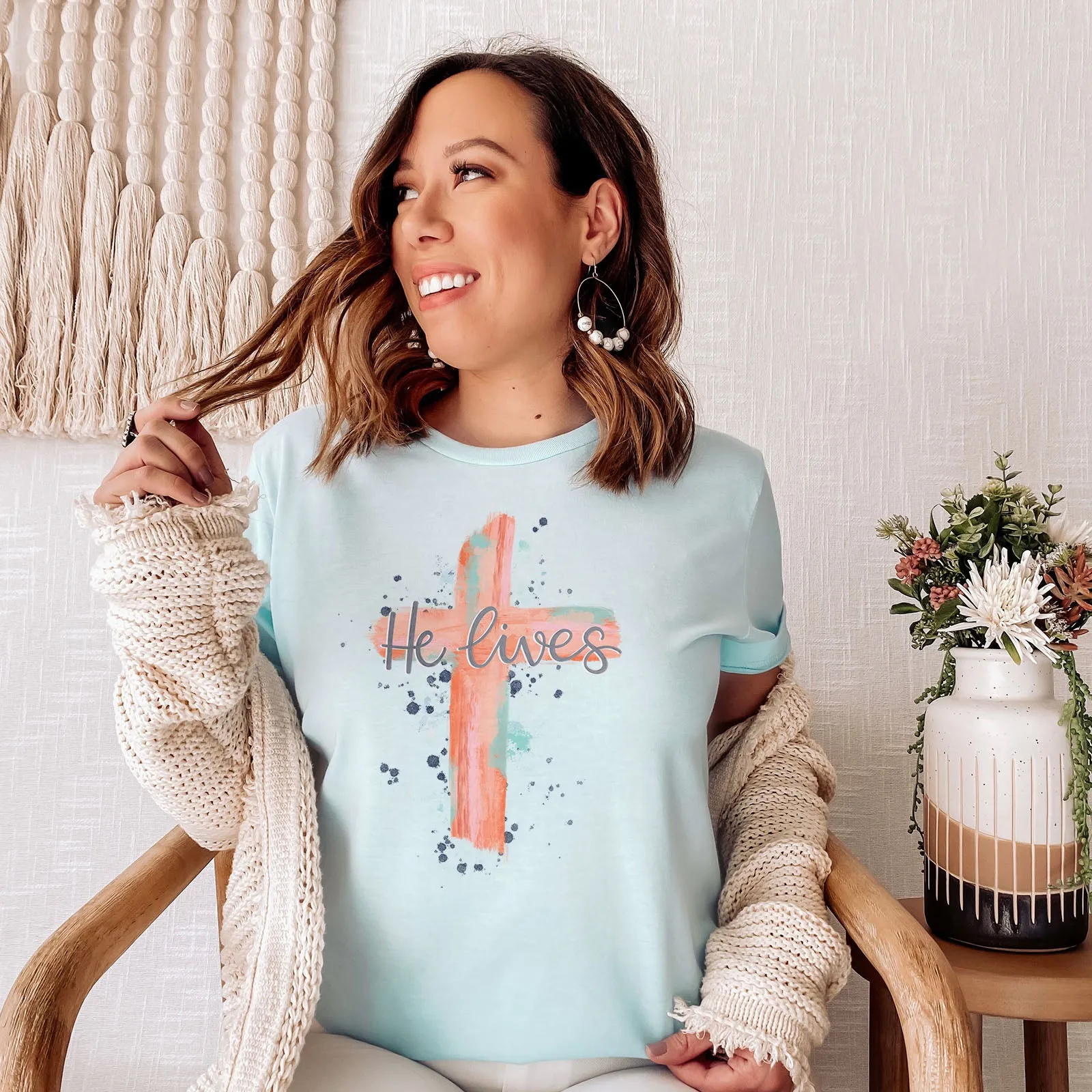 He lives Watercolor Cross Tee