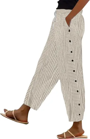 Linen Striped Pants Women Plus Size High Waisted Drawstring Trousers Button Side Straight Leg Cotton Casual Pants
