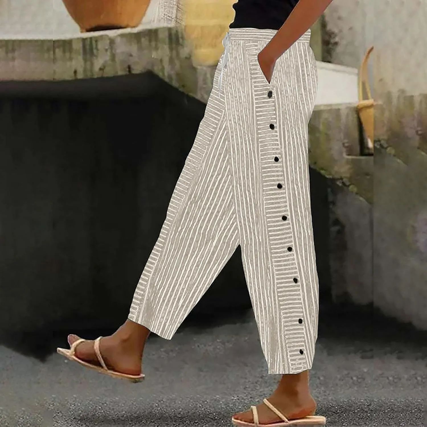 Linen Striped Pants Women Plus Size High Waisted Drawstring Trousers Button Side Straight Leg Cotton Casual Pants