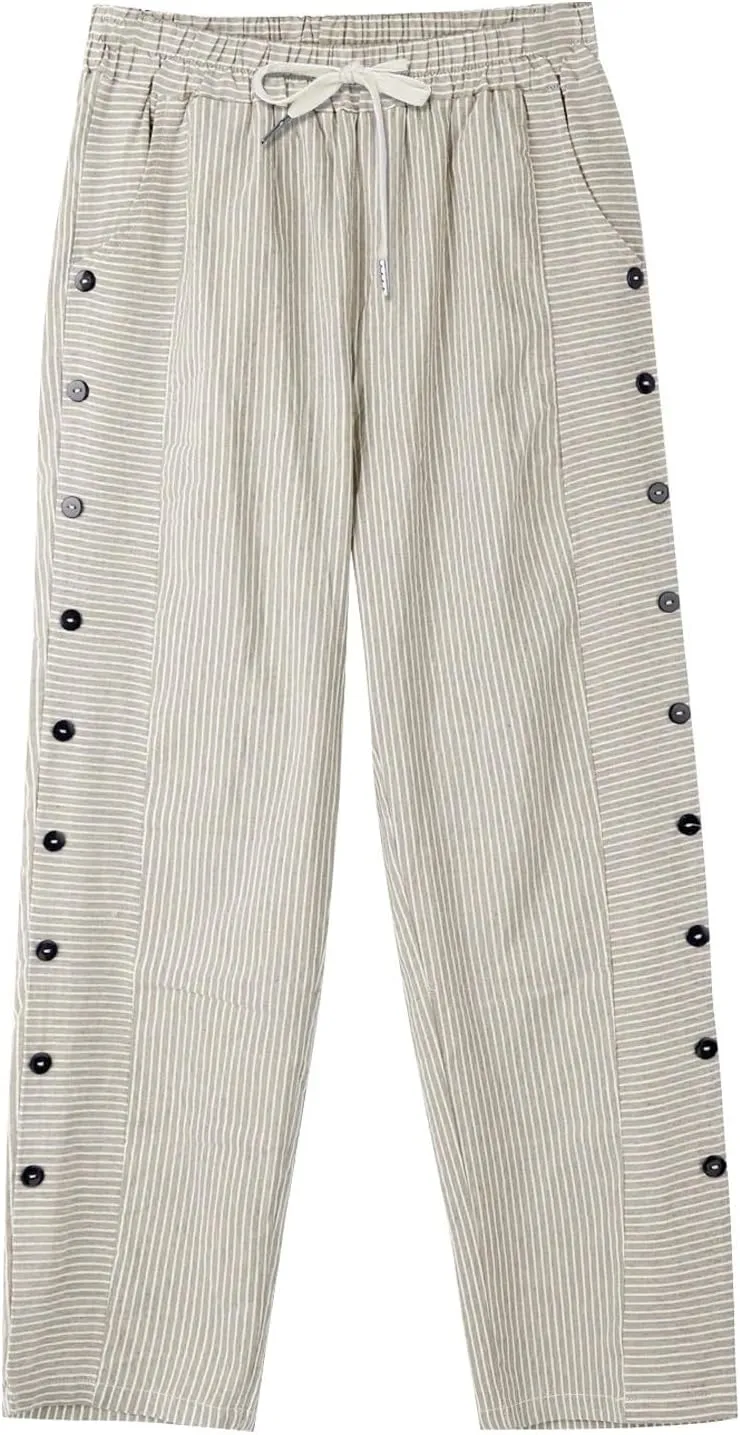 Linen Striped Pants Women Plus Size High Waisted Drawstring Trousers Button Side Straight Leg Cotton Casual Pants