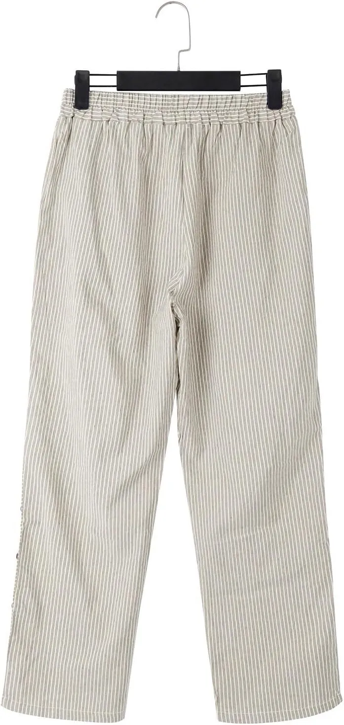 Linen Striped Pants Women Plus Size High Waisted Drawstring Trousers Button Side Straight Leg Cotton Casual Pants