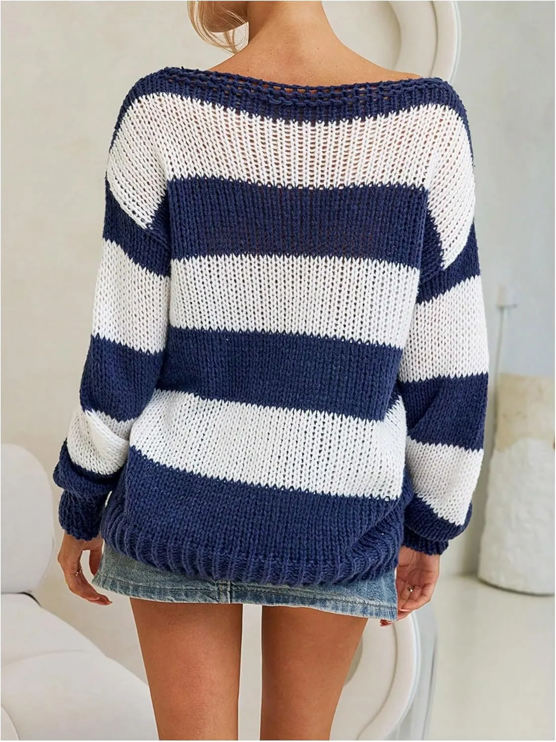 MakeMeChic Women's Striped Sweaters Boat Neck Long Sleeve Loose Fit Knitted Pullover Tops