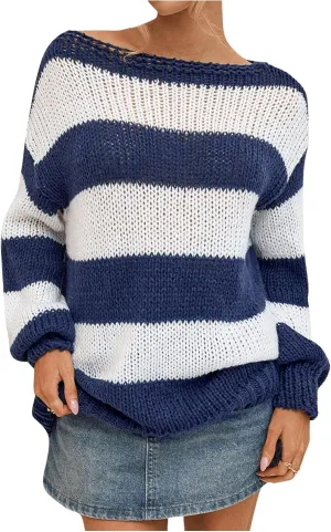 MakeMeChic Women's Striped Sweaters Boat Neck Long Sleeve Loose Fit Knitted Pullover Tops