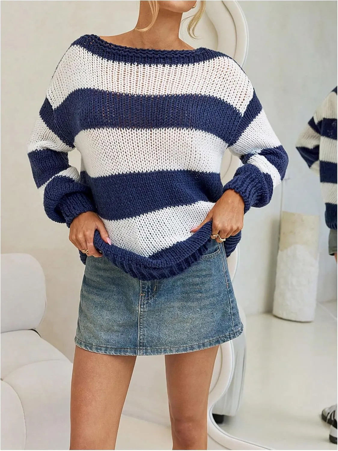 MakeMeChic Women's Striped Sweaters Boat Neck Long Sleeve Loose Fit Knitted Pullover Tops