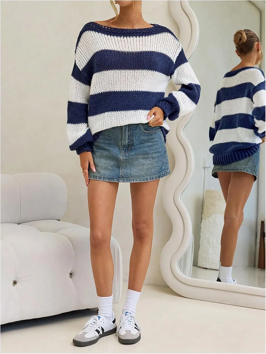 MakeMeChic Women's Striped Sweaters Boat Neck Long Sleeve Loose Fit Knitted Pullover Tops