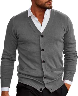 Mens Button Down Knitted Cardigan Sweaters V Neck Long Sleeve Slim Fit Casual Ribbed Knit Textured Sweater S-XXL