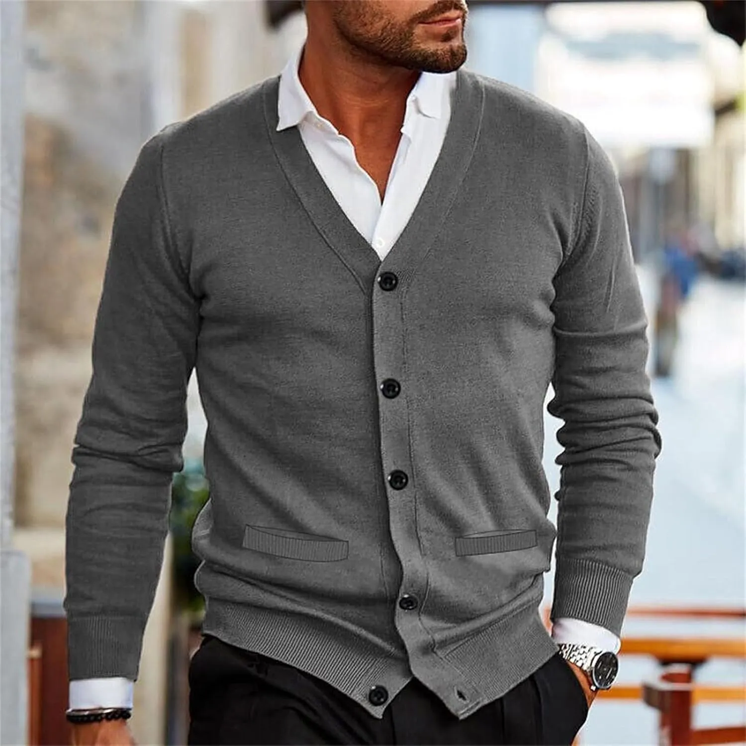 Mens Button Down Knitted Cardigan Sweaters V Neck Long Sleeve Slim Fit Casual Ribbed Knit Textured Sweater S-XXL