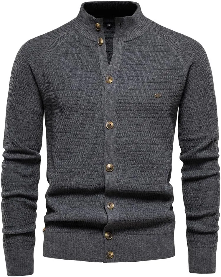 Mens Cardigan Sweater Casual Long Sleeve Mock Neck Button Down Knitted Cardigan Sweaters Jacket with Pockets