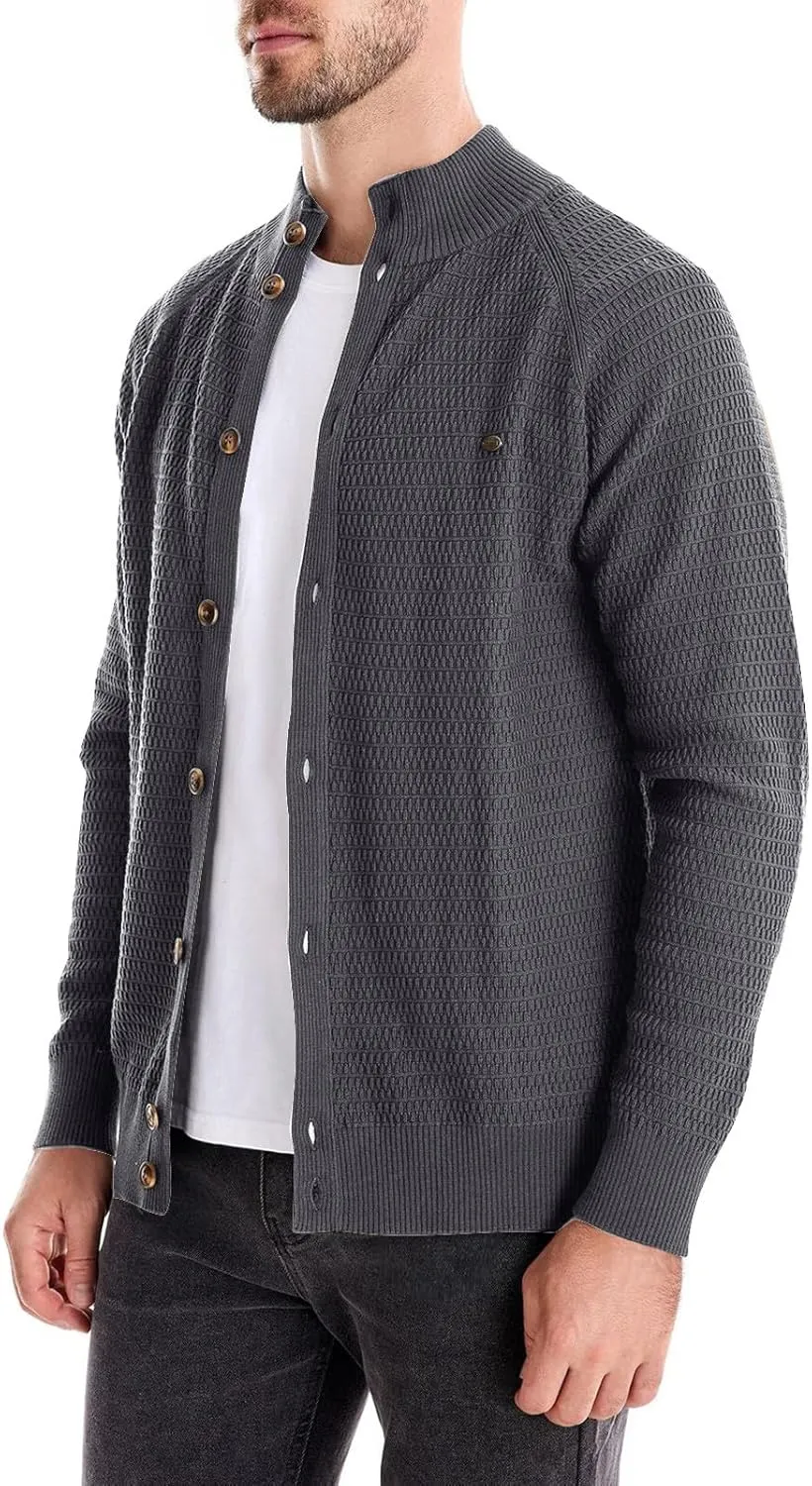 Mens Cardigan Sweater Casual Long Sleeve Mock Neck Button Down Knitted Cardigan Sweaters Jacket with Pockets