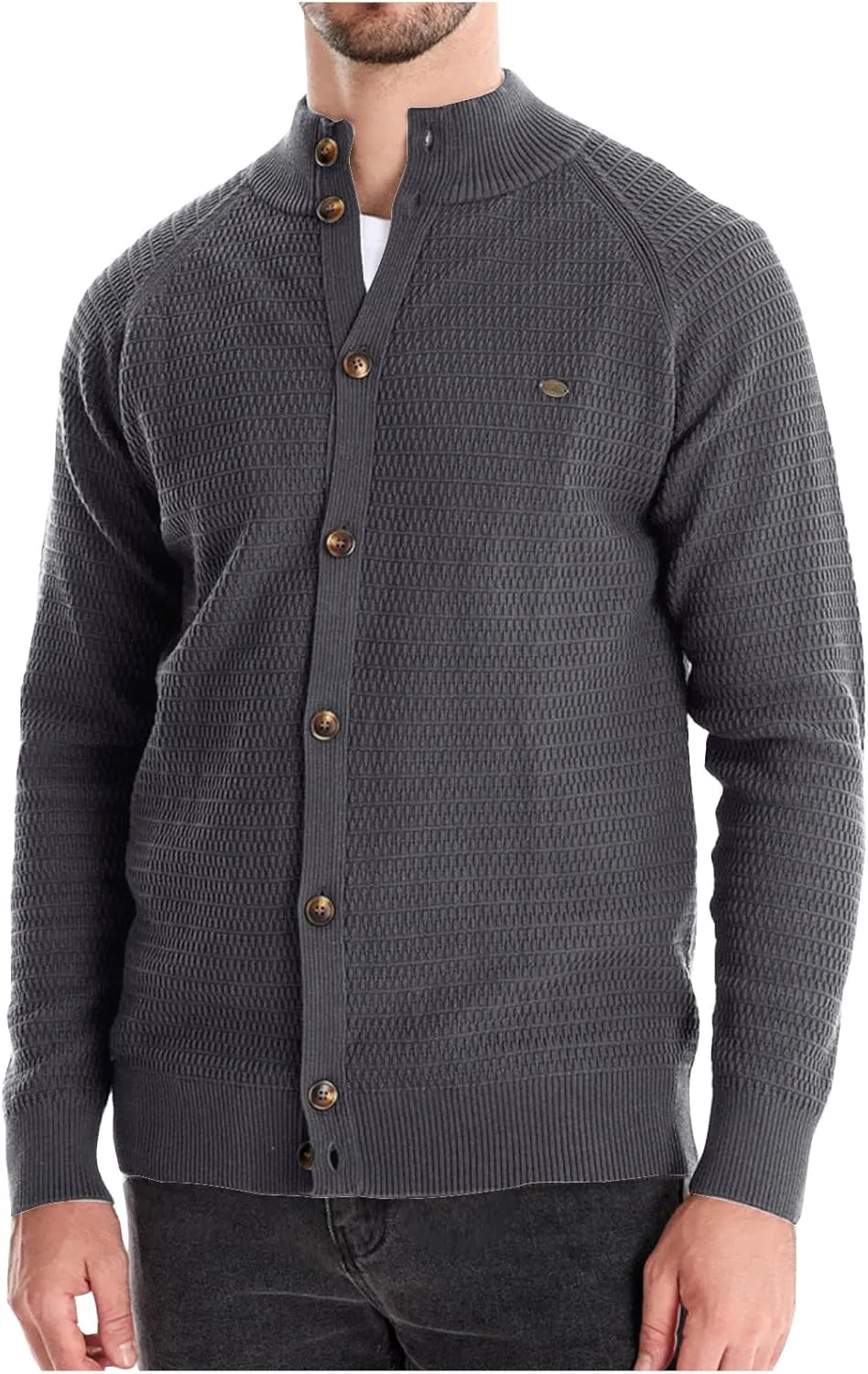 Mens Cardigan Sweater Casual Long Sleeve Mock Neck Button Down Knitted Cardigan Sweaters Jacket with Pockets