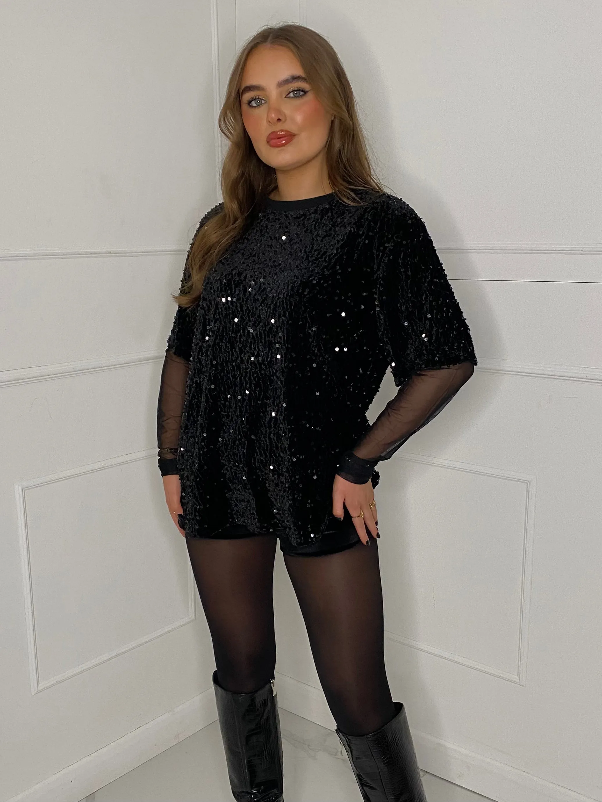 Oversized Velvet Sequin T-Shirt with Mesh Sleeves - Black