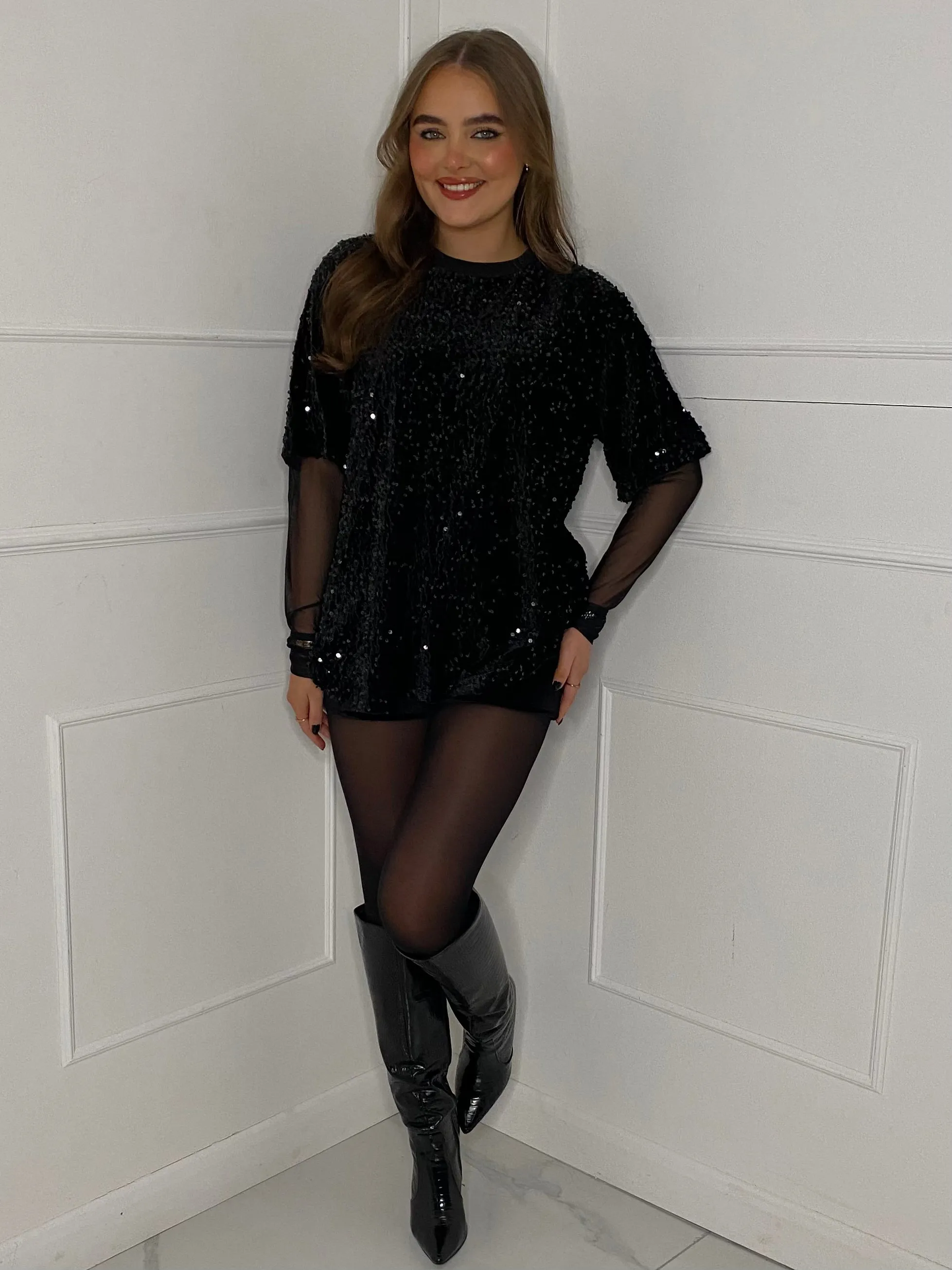 Oversized Velvet Sequin T-Shirt with Mesh Sleeves - Black