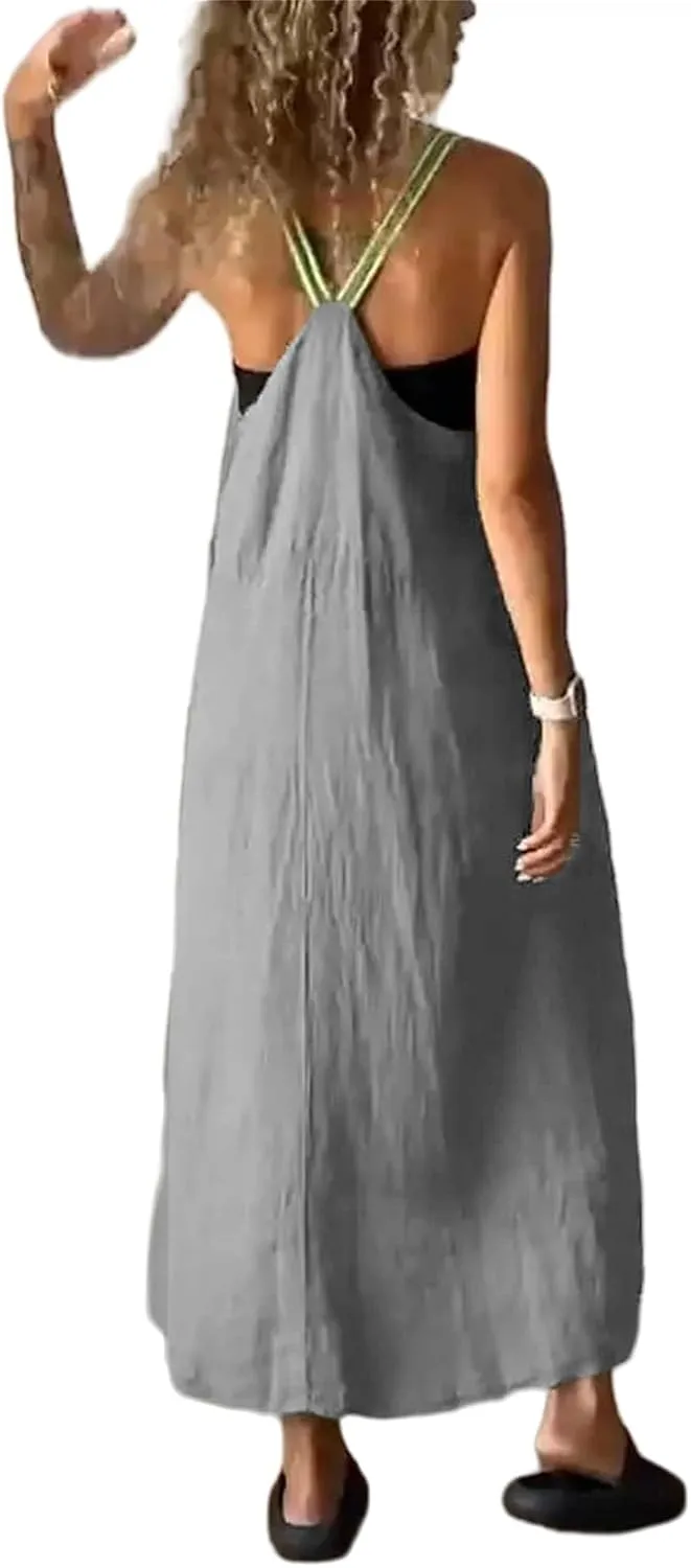 Spaghetti Strap Linen Dresses for Women Summer Casual Sleeveless Loose Dress Flowy Beach Lightweight Maxi Long Dress