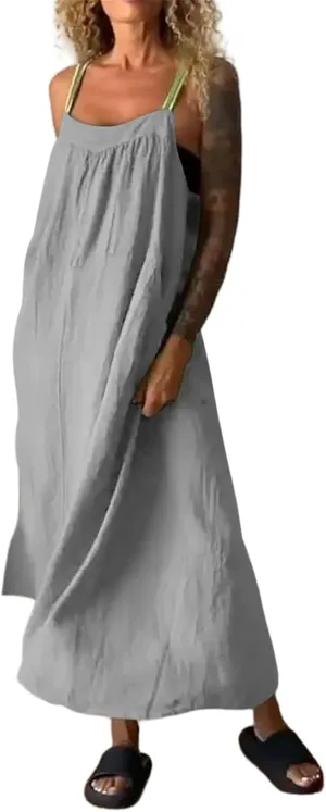 Spaghetti Strap Linen Dresses for Women Summer Casual Sleeveless Loose Dress Flowy Beach Lightweight Maxi Long Dress