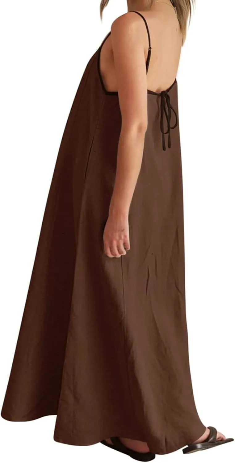 Summer Sundress for Women Contrast Spaghetti Strap Maxi Dresses Sleeveless A Line Beach Dress Casual Vacation Dresses