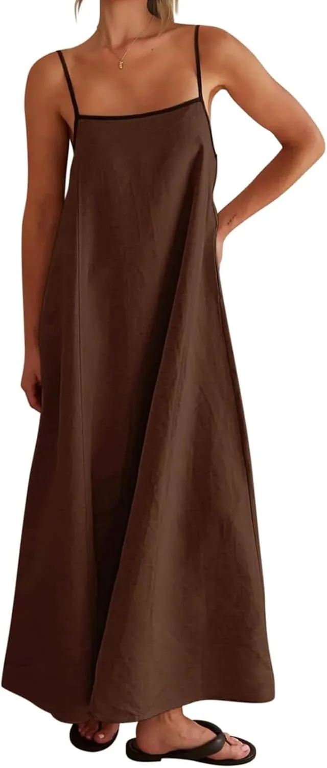 Summer Sundress for Women Contrast Spaghetti Strap Maxi Dresses Sleeveless A Line Beach Dress Casual Vacation Dresses