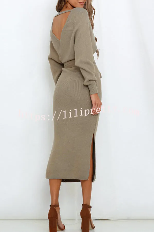 V Neck Dolman Sleeve High Waisted Lace Up Knit Midi Dress