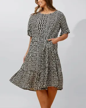 Vanessa Midi Dress A-Line Polka Dot Tiered Skirt | Black