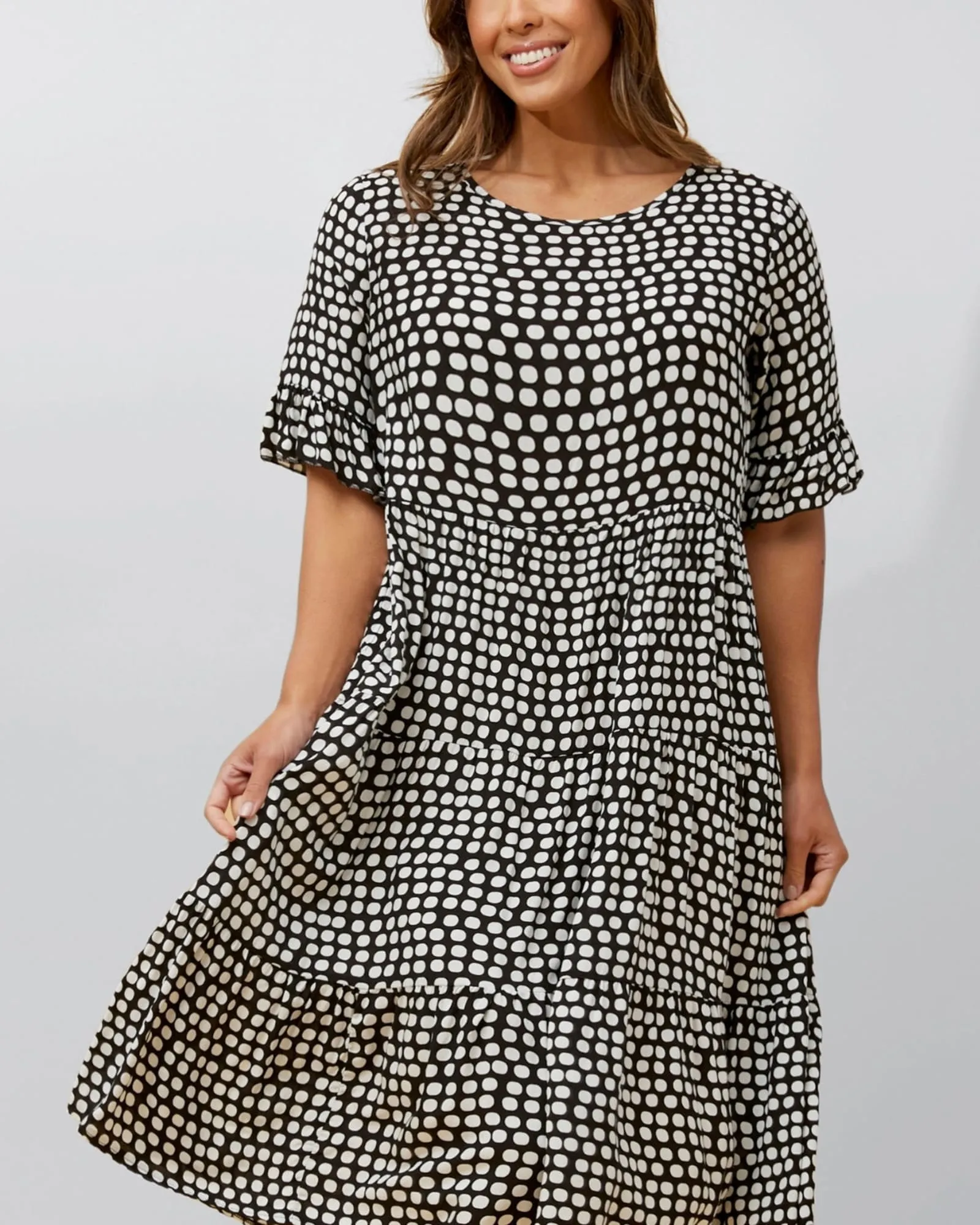 Vanessa Midi Dress A-Line Polka Dot Tiered Skirt | Black