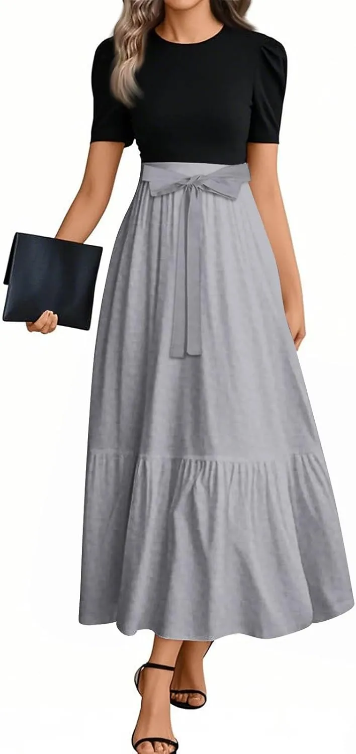 Wedding Guest Dresses for Women Summer Short Sleeve Floral Long Dress Elegant Party Cocktail A Line Flowy Maxi Dress