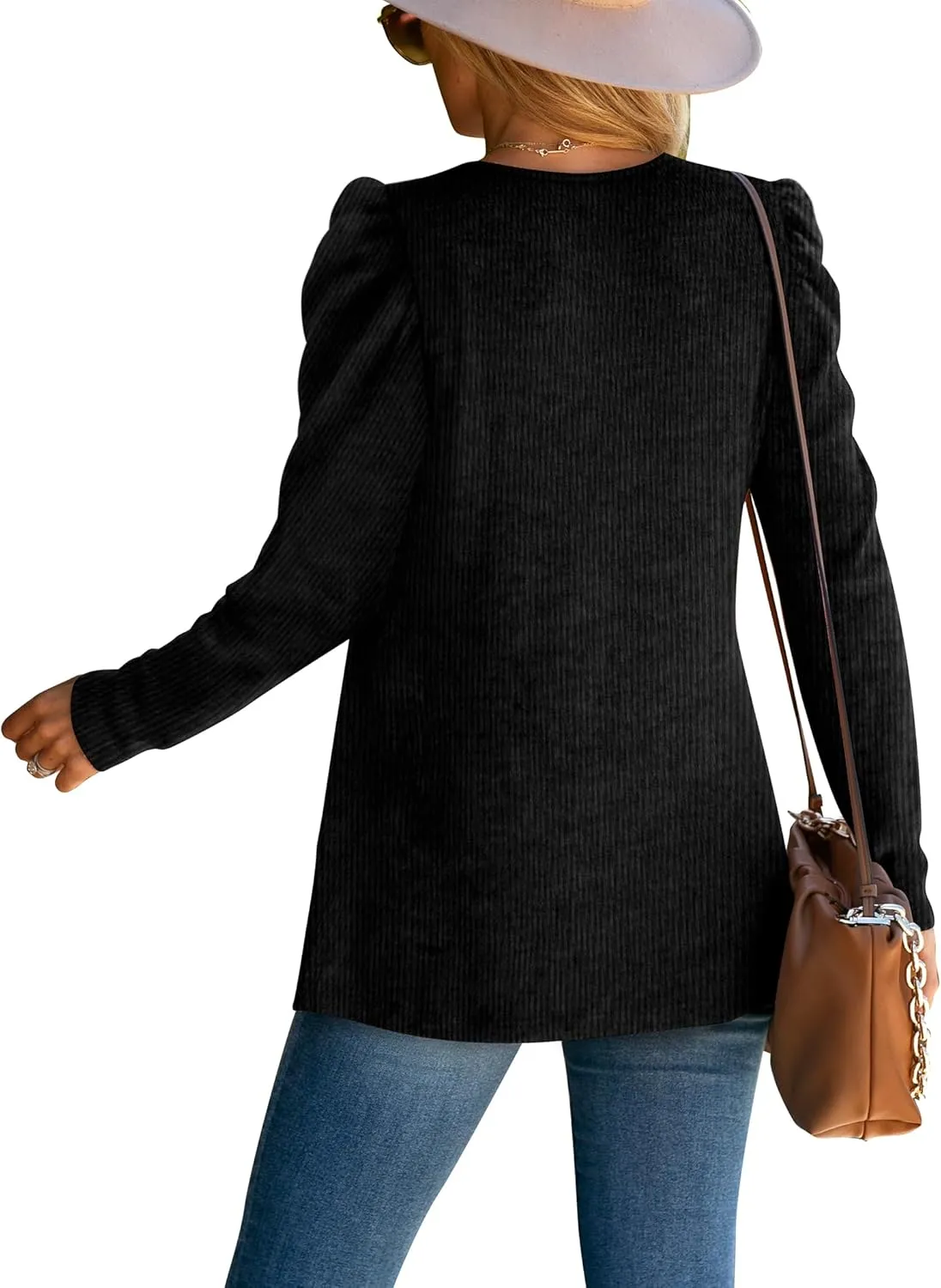 WEESO Womens Sweaters Lightweight Puff Sleeve Pleated Square Neck Tunic Shirts Loose Fit