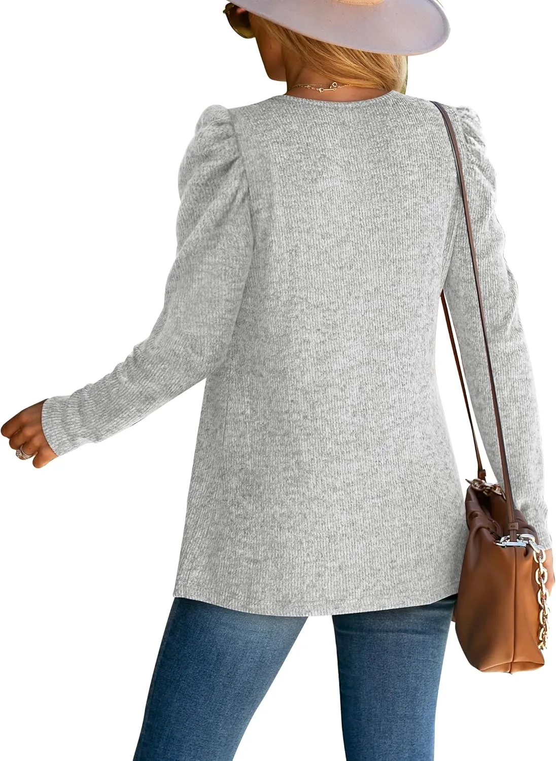 WEESO Womens Sweaters Lightweight Puff Sleeve Pleated Square Neck Tunic Shirts Loose Fit