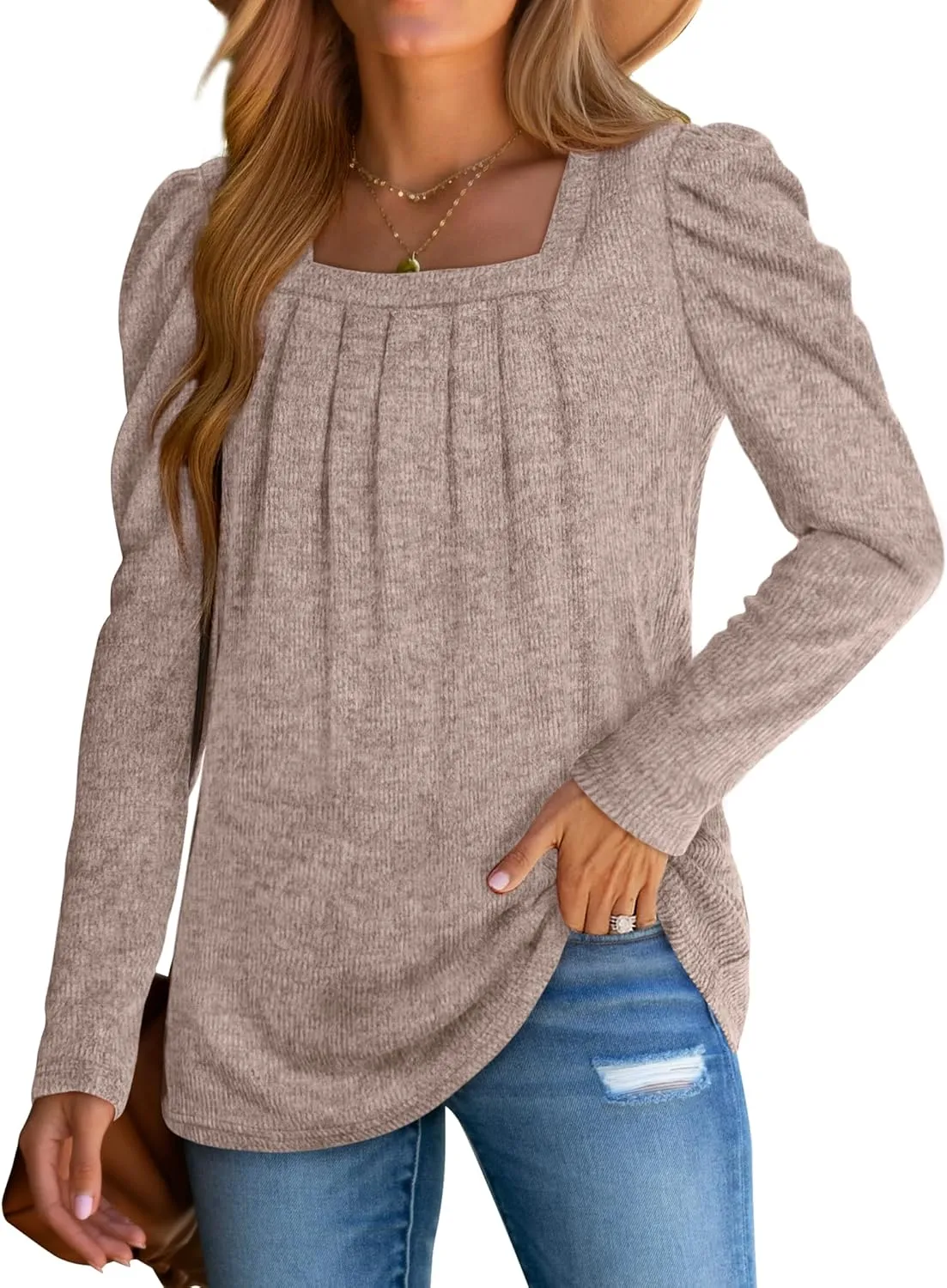 WEESO Womens Sweaters Lightweight Puff Sleeve Pleated Square Neck Tunic Shirts Loose Fit